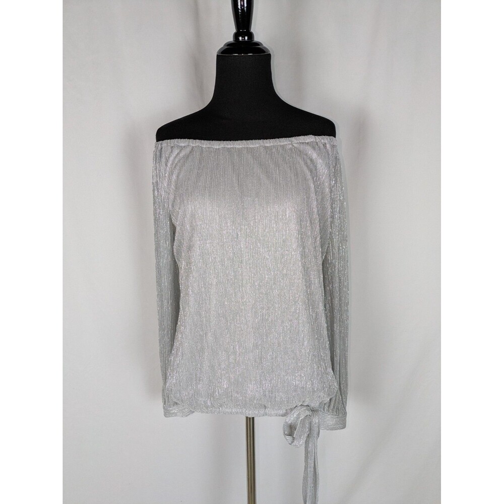 CeCe Silver Metallic Off the Shoulder Shimmer Tie Hem Blouse S Disco Holiday